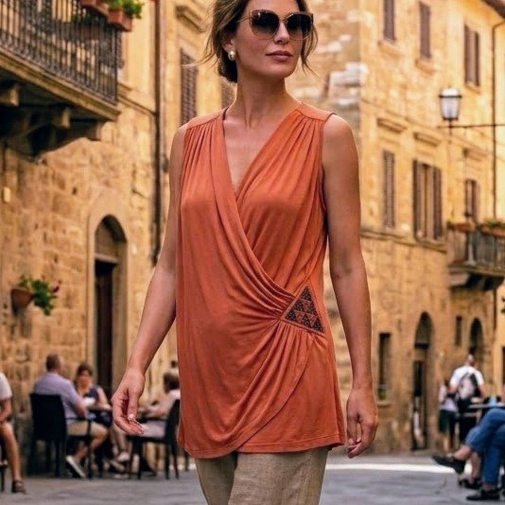 St. Martins Beaded Surplice Tank Top Womens Large Orange Cotton Silk Blend Boho‎